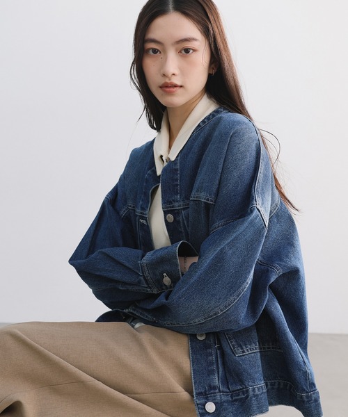 【新色追加】オーバーサイズノーカラーデニムツイルジャケット(デニムジャケット)|andme(アンドミー)