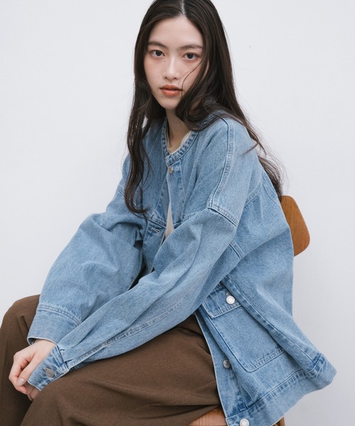 【新色追加】オーバーサイズノーカラーデニムツイルジャケット(デニムジャケット)|andme(アンドミー)