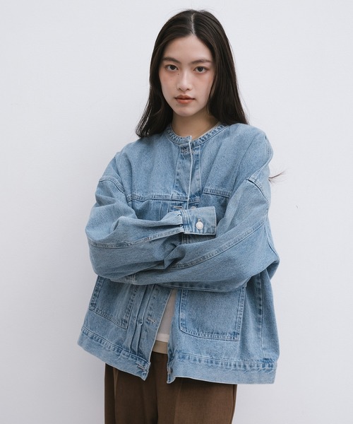 【新色追加】オーバーサイズノーカラーデニムツイルジャケット(デニムジャケット)|andme(アンドミー)