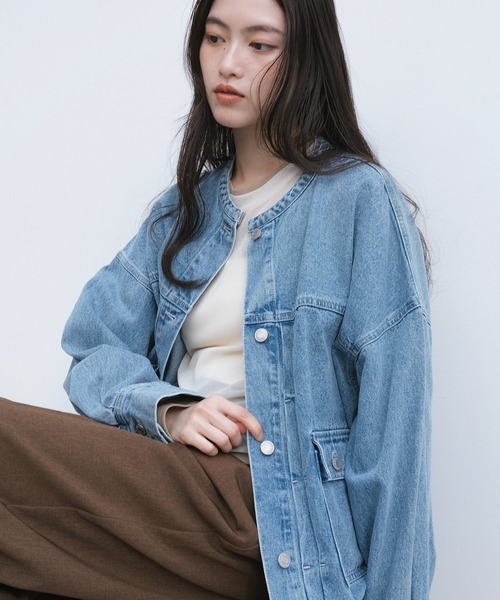 【新色追加】オーバーサイズノーカラーデニムツイルジャケット(デニムジャケット)|andme(アンドミー)