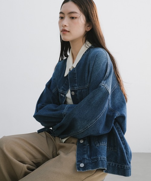 【新色追加】オーバーサイズノーカラーデニムツイルジャケット(デニムジャケット)|andme(アンドミー)