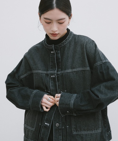 【新色追加】オーバーサイズノーカラーデニムツイルジャケット(デニムジャケット)|andme(アンドミー)