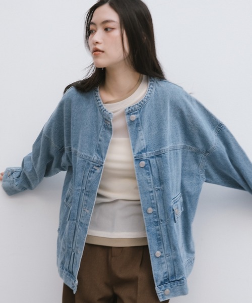 【新色追加】オーバーサイズノーカラーデニムツイルジャケット(デニムジャケット)|andme(アンドミー)