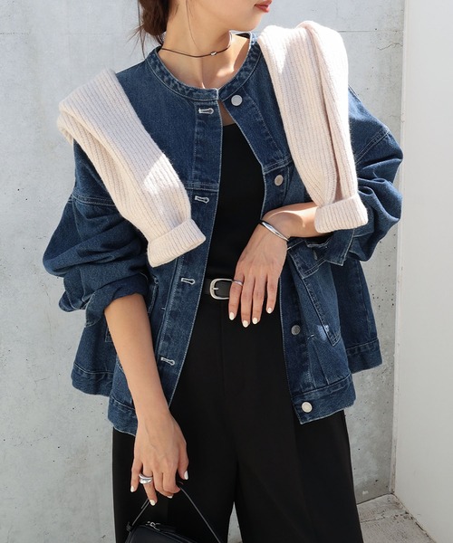 【新色追加】オーバーサイズノーカラーデニムツイルジャケット(デニムジャケット)|andme(アンドミー)