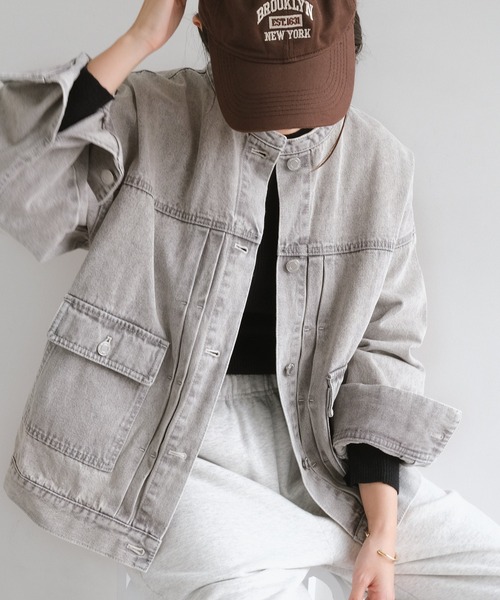 【新色追加】オーバーサイズノーカラーデニムツイルジャケット(デニムジャケット)|andme(アンドミー)