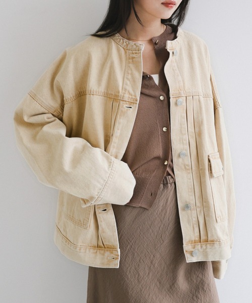 セール】【新色追加】オーバーサイズノーカラーデニムツイルジャケット
