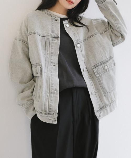 【新色追加】オーバーサイズノーカラーデニムツイルジャケット(デニムジャケット)|andme(アンドミー)