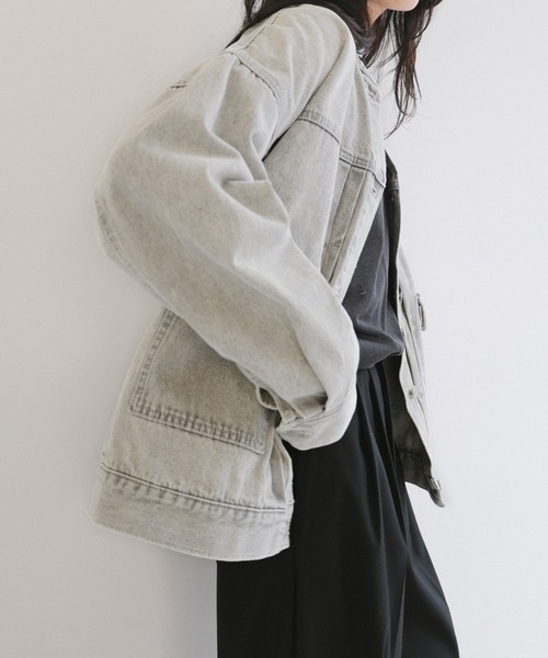 【新色追加】オーバーサイズノーカラーデニムツイルジャケット(デニムジャケット)|andme(アンドミー)