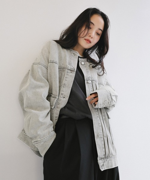 【新色追加】オーバーサイズノーカラーデニムツイルジャケット(デニムジャケット)|andme(アンドミー)