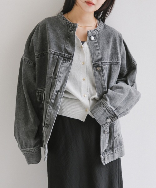 【新色追加】オーバーサイズノーカラーデニムツイルジャケット(デニムジャケット)|andme(アンドミー)