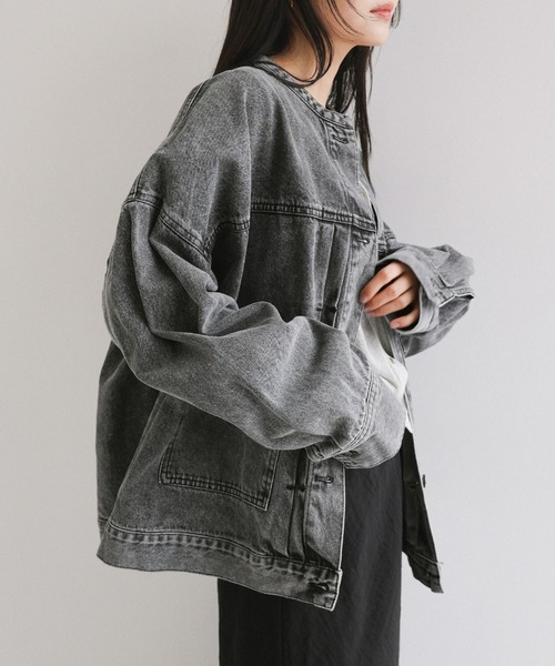 【新色追加】オーバーサイズノーカラーデニムツイルジャケット(デニムジャケット)|andme(アンドミー)
