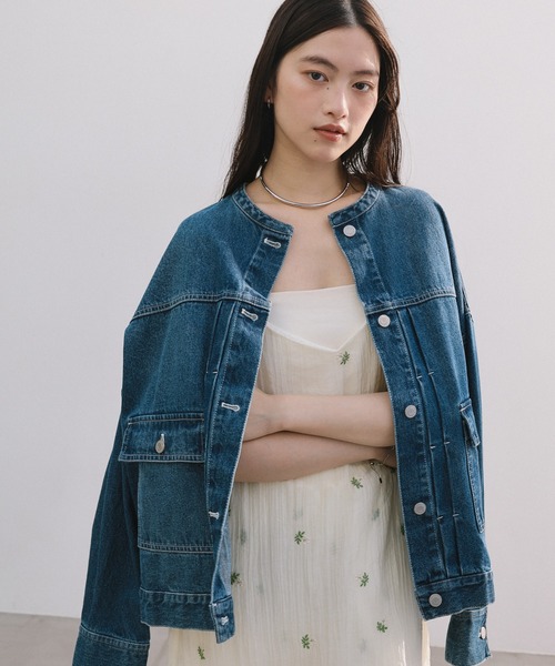 【新色追加】オーバーサイズノーカラーデニムツイルジャケット(デニムジャケット)|andme(アンドミー)