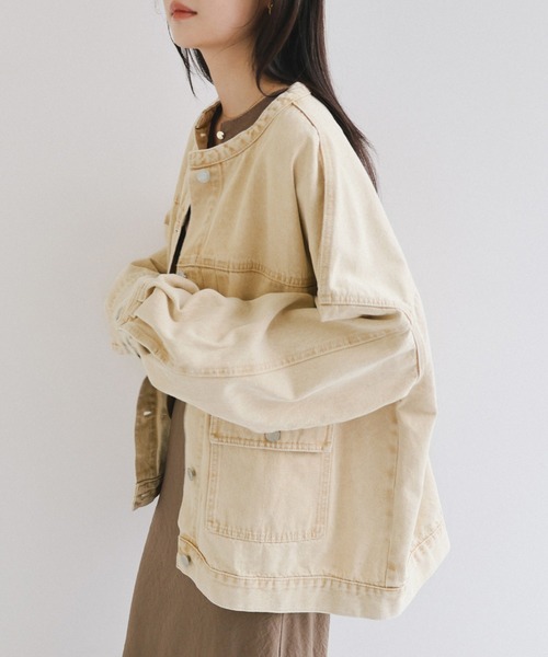 セール】【新色追加】オーバーサイズノーカラーデニムツイルジャケット