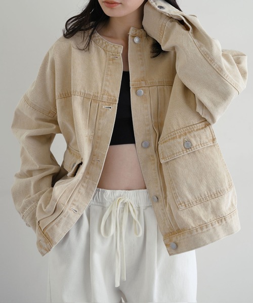 セール】【新色追加】オーバーサイズノーカラーデニムツイルジャケット
