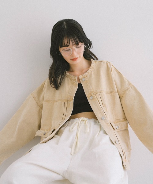 【新色追加】オーバーサイズノーカラーデニムツイルジャケット(デニムジャケット)|andme(アンドミー)