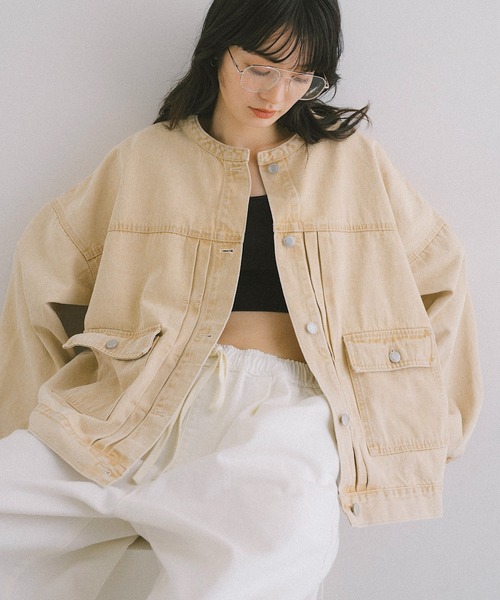 【新色追加】オーバーサイズノーカラーデニムツイルジャケット(デニムジャケット)|andme(アンドミー)