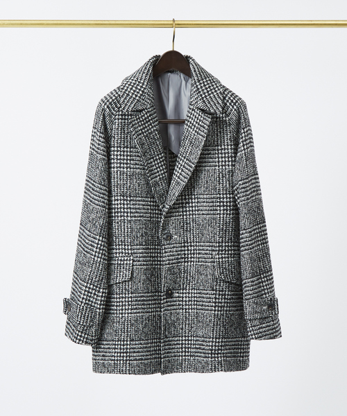 DESIGNWORKS（デザインワークス）の「グレンチェック柄 カーコート（ステンカラーコート・メンズ・ベージュ/ブラック・46/44/48）」の2枚目の写真