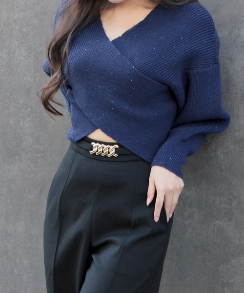 Julia Boutique（ジュリアブティック）の「チェーンデザインハイウエストストレートパンツ/23590（その他パンツ・レディース・グレー/ブラック・ONE）」の4枚目の写真