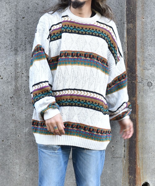 古着 ビンテージ 80s パッチワーク 総柄 デザイン ニット ザックリ 美品 e38df4ad-a413-43a6-bcd5-