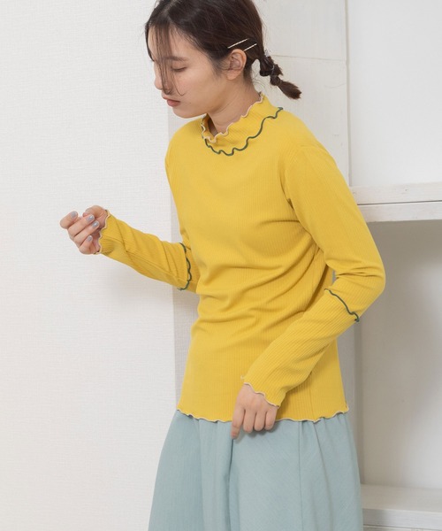 POU DOU DOU（プードゥドゥ）の「配色メローテレコトップス（Tシャツ/カットソー・レディース・イエロー/ダークグレー/アイボリー/グリーン・3）」の7枚目の写真