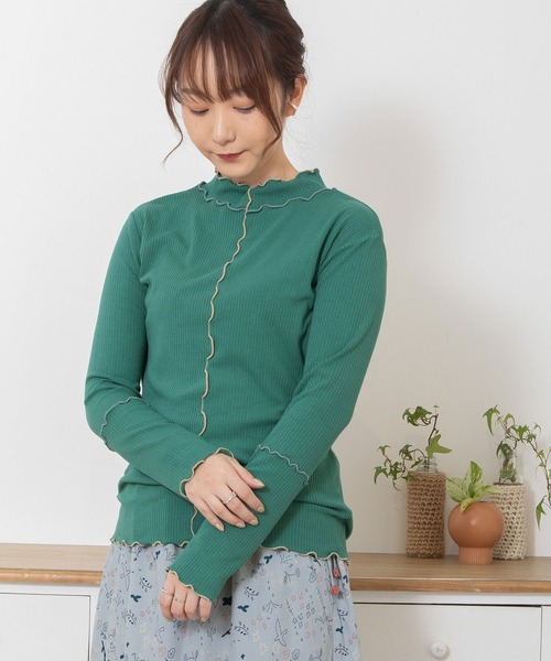 POU DOU DOU（プードゥドゥ）の「配色メローテレコトップス（Tシャツ/カットソー・レディース・イエロー/ダークグレー/アイボリー/グリーン・3）」の11枚目の写真