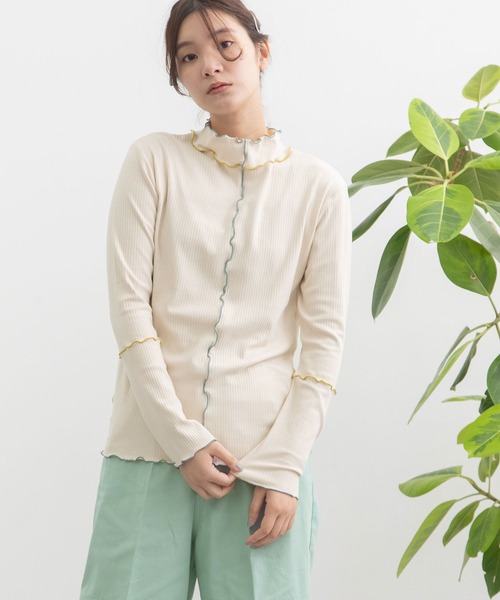 POU DOU DOU（プードゥドゥ）の「配色メローテレコトップス（Tシャツ/カットソー・レディース・イエロー/ダークグレー/アイボリー/グリーン・3）」の18枚目の写真