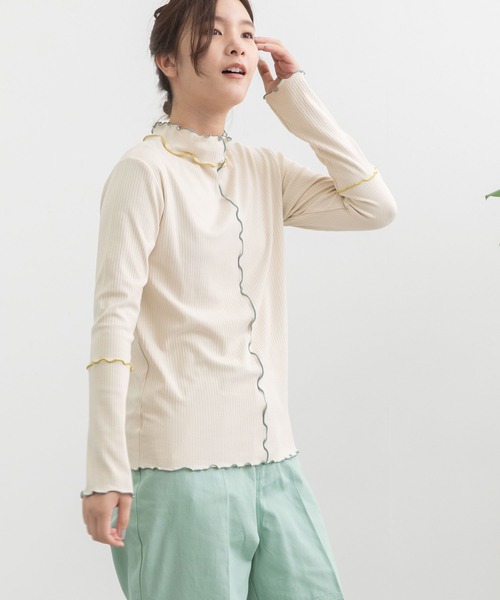 POU DOU DOU（プードゥドゥ）の「配色メローテレコトップス（Tシャツ/カットソー・レディース・イエロー/ダークグレー/アイボリー/グリーン・3）」の19枚目の写真