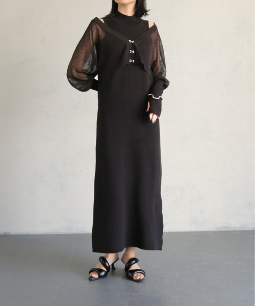 &g'aime(アンジェム)の「【&g'aime】フィンガーホール付カーディガン+ノースリーブニットワンピースセット(2pcs)(ドレス・レディース・グレイッシュベージュ/ブラック/パープル・FREE)」の4枚目の写真