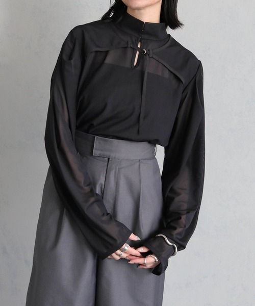 &g'aime(アンジェム)の「【&g’aime】メッシュレイヤードケープブラウス(シャツ/ブラウス・レディース・ライトグレー/ホワイト/ブラック・FREE)」の9枚目の写真