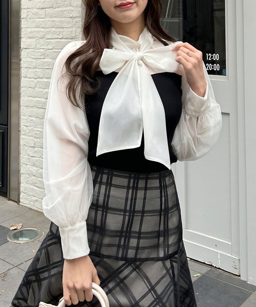 INGNI(イング)の「シアーボウタイドッキングニット(ニット/セーター・レディース・オフホワイト/ミント/ブラック×ホワイト/グレー系その他・M)」の9枚目の写真