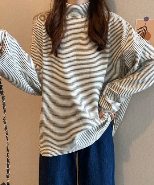 Per sist ence（パーシエンス）の「ボーダーハイネックTシャツ（Tシャツ/カットソー・レディース・ブラック/ホワイト・FREE）」の2枚目の写真