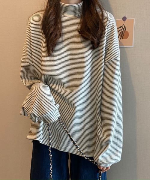 Per sist ence（パーシエンス）の「ボーダーハイネックTシャツ（Tシャツ/カットソー・レディース・ブラック/ホワイト・FREE）」の14枚目の写真