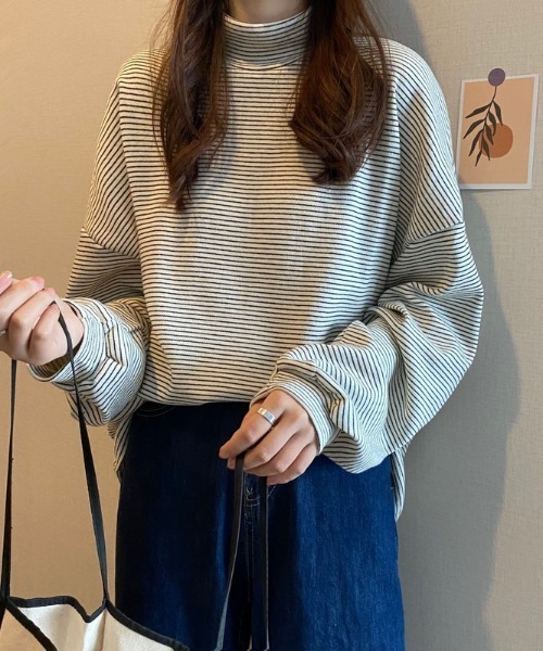 Per sist ence（パーシエンス）の「ボーダーハイネックTシャツ（Tシャツ/カットソー・レディース・ブラック/ホワイト・FREE）」の13枚目の写真