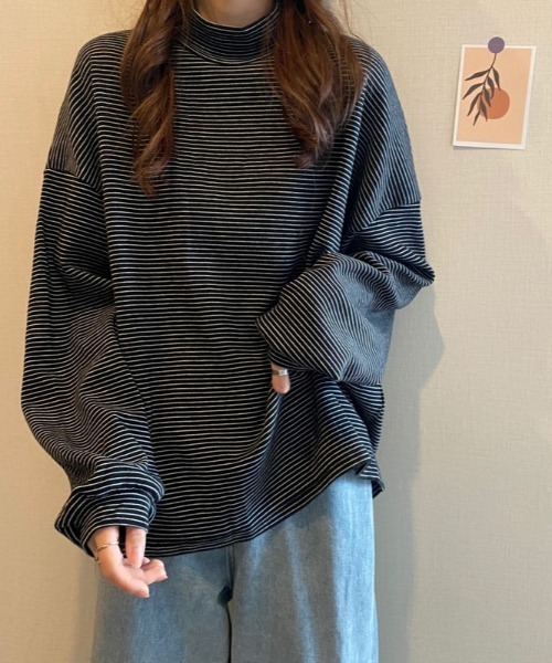 Per sist ence（パーシエンス）の「ボーダーハイネックTシャツ（Tシャツ/カットソー・レディース・ブラック/ホワイト・FREE）」の7枚目の写真