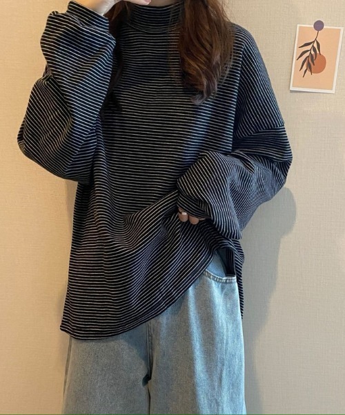 Per sist ence（パーシエンス）の「ボーダーハイネックTシャツ（Tシャツ/カットソー・レディース・ブラック/ホワイト・FREE）」の6枚目の写真