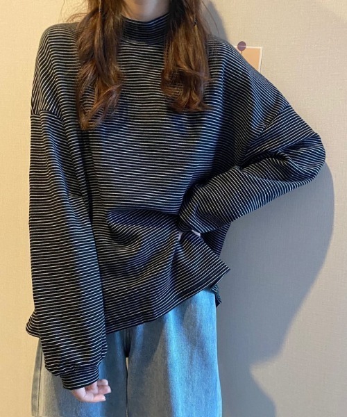 Per sist ence（パーシエンス）の「ボーダーハイネックTシャツ（Tシャツ/カットソー・レディース・ブラック/ホワイト・FREE）」の5枚目の写真