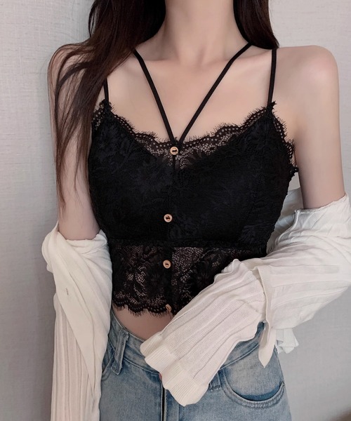 Lace Ladies（レースレディース）の「総レース フロントボタン ビスチェ風 ノンワイヤー ブラジャー（キャミソール・レディース・ブラック/ホワイト・XL/FREE）」の4枚目の写真