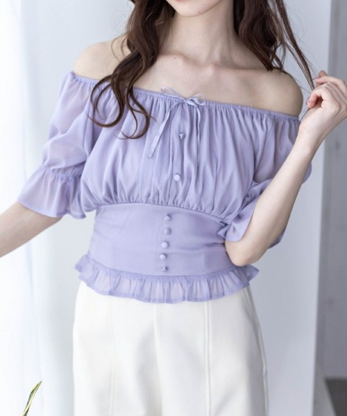 clear（クリア）の「フロントギャザー楊柳五分袖ブラウス［大人 フェミニン リボン］≪再入荷≫（シャツ/ブラウス・レディース・ライトピンク/ラベンダー/ミント/ブラック・F）」の3枚目の写真