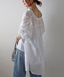 ノーカラーギャザーフレアブラウス（インド綿.インドコットン.コットン100%,綿100%）