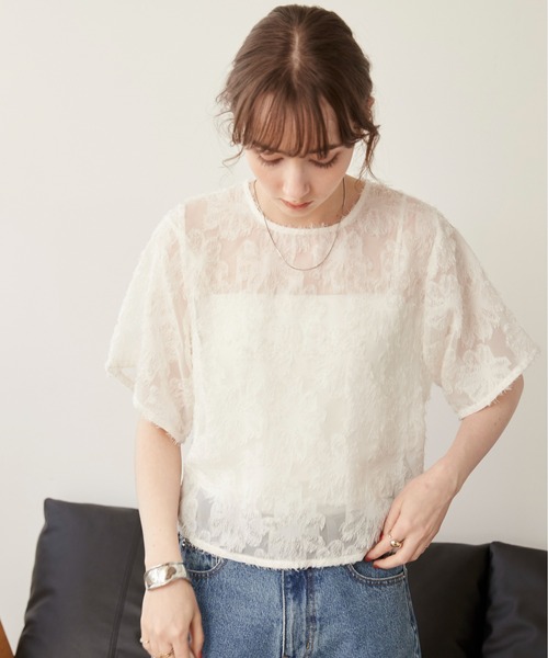 tシャツ フリンジジャガードトップス レディース La-gemme ブラウス シャツ フラワーフリンジジャガードトップス