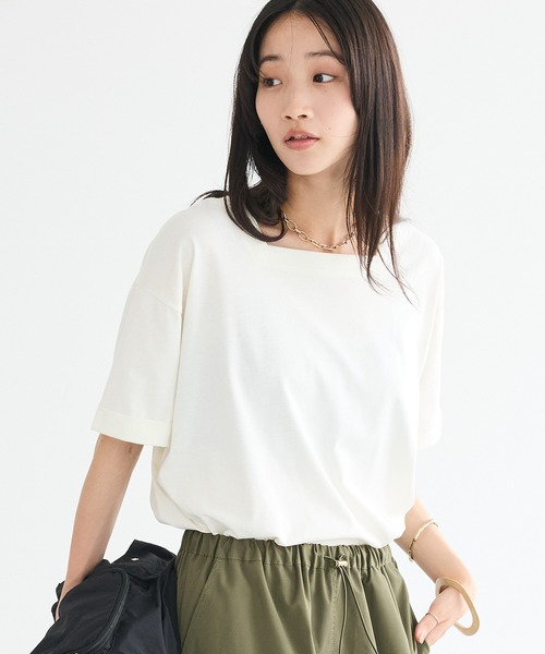 CRAFT STANDARD BOUTIQUE(クラフトスタンダードブティック)の「接触冷感/抗菌防臭/ 前後2WAY半袖スクエアネックTee(Tシャツ/カットソー・レディース・ラベンダー/アイボリー/ブラック/サックスブルー・FREE)」の2枚目の写真