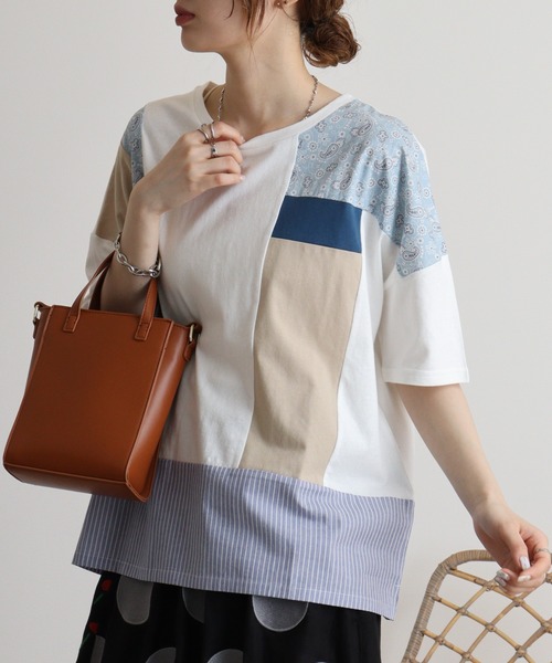リメイク風切替えTシャツ emago 夏 Tシャツ 切替え かわいい 5分袖 大人の ナチュラル カジュアル 楽天市場】リメイク風切替えTシャツ emago 夏 Tシャツ 切替え