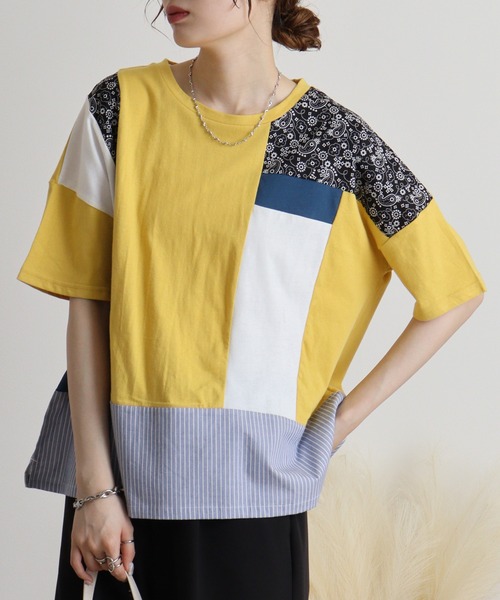 リメイク風切替えTシャツ emago 夏 Tシャツ 切替え かわいい 5分袖 大人の ナチュラル カジュアル 楽天市場】リメイク風切替えTシャツ emago 夏 Tシャツ 切替え