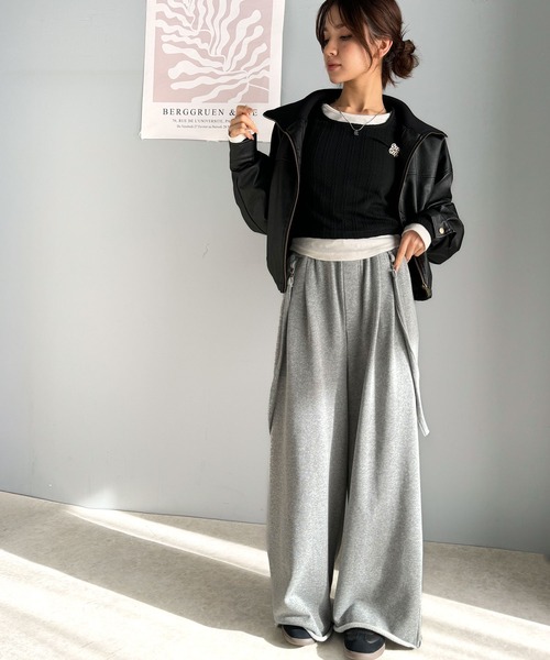 【専用】Y's サスペンダー付 ドット柄 ワイドパンツ 本革 ロゴ刻印 ブラック antiqua サス付きワイドパンツ ワイドパンツ パンツ レディース