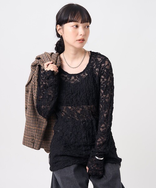 FREAK'S STORE（フリークスストア）の「チュールレース ロンT（Tシャツ/カットソー・レディース・ブラック/オフホワイト/サックスブルー・ﾌﾘ-）」の3枚目の写真