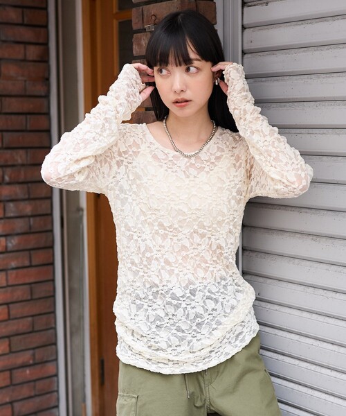 FREAK'S STORE（フリークスストア）の「チュールレース ロンT（Tシャツ/カットソー・レディース・ブラック/オフホワイト/サックスブルー・ﾌﾘ-）」の12枚目の写真