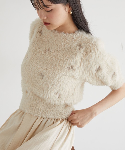 VIS（ビス）の「フェザーヤーンリボン刺繍ビーズニット（ニット/セーター・レディース・ブラック/ピンク/キナリ・FREE）」の9枚目の写真