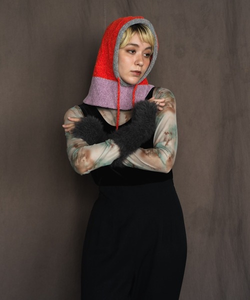 ORIENT MILLINERY(オリエント ミリナリー)の「MALL KNIT BALACLAVA 波編みバラクラバ(ニットキャップ/ビーニー・レディース・ブラック/ベージュ/オレンジ・FREE)」の5枚目の写真