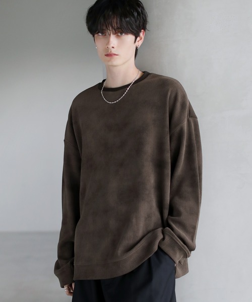 ETELIO（エテリオ）の「【25AW】カットコーデュロイ/ヴィンテージ加工クルーネックプルオーバー（スウェット・メンズ・ブラウン/ブラック/ブルーグレー/アイボリー/グレー/ワイン/グリーン/ブルー/ブラック系/ブルー系/ワイン系/ブラウン系・L/M/S/XL）」の7枚目の写真