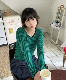 A'GEM/9 × .kom 『muah muah/ムーアムーア』 LOGO STITCH STRIPE LS/ロゴ ステッチ ストライプ 長袖カットソー